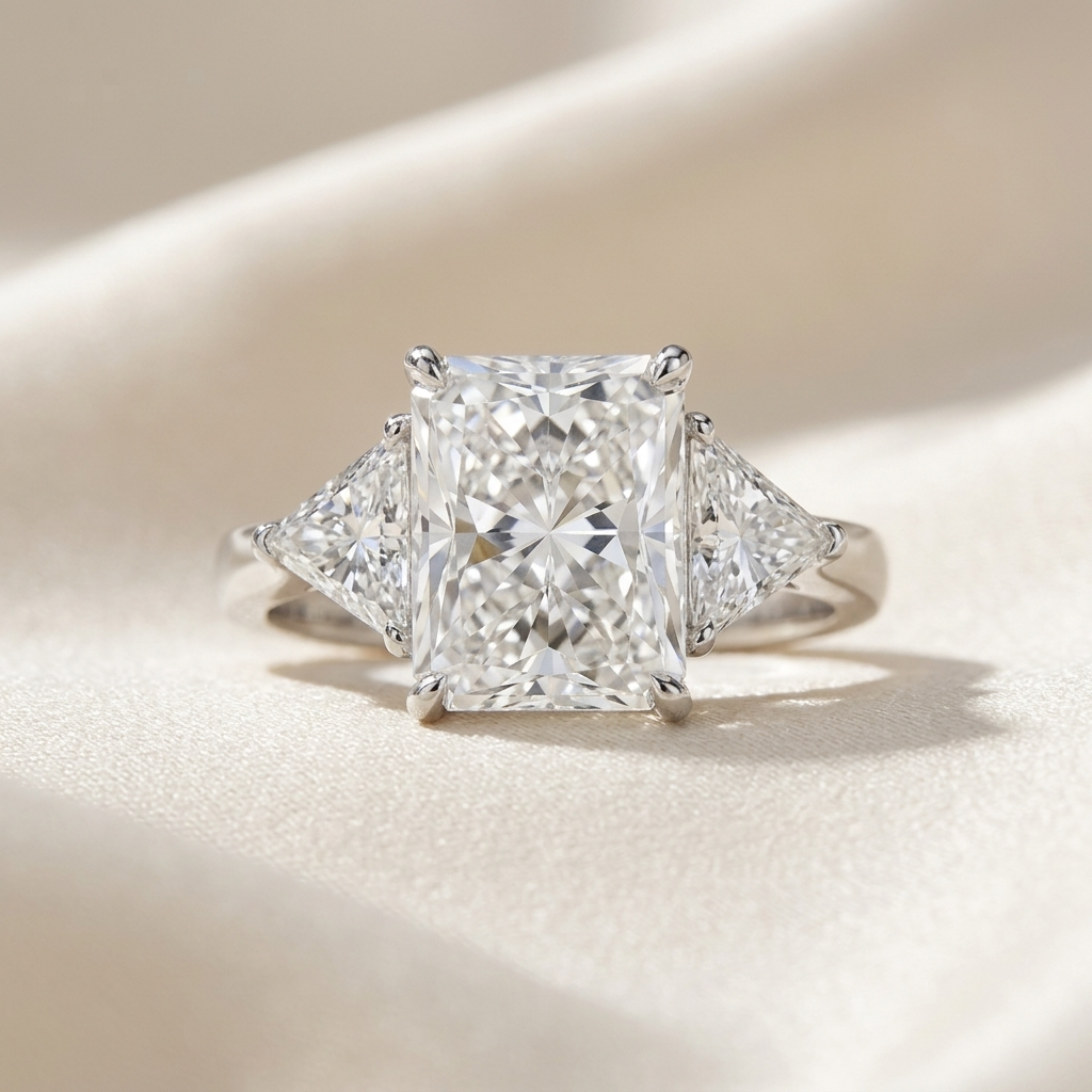 Delphine radiant cut diamond three stone engagement ring in white gold
