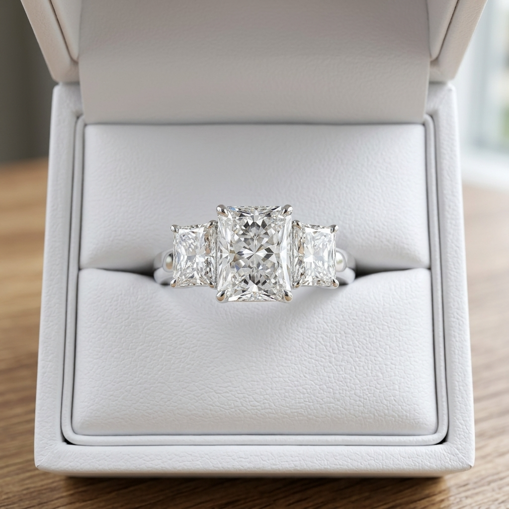 Colette radiant cut diamond three stone engagement ring on white gold band