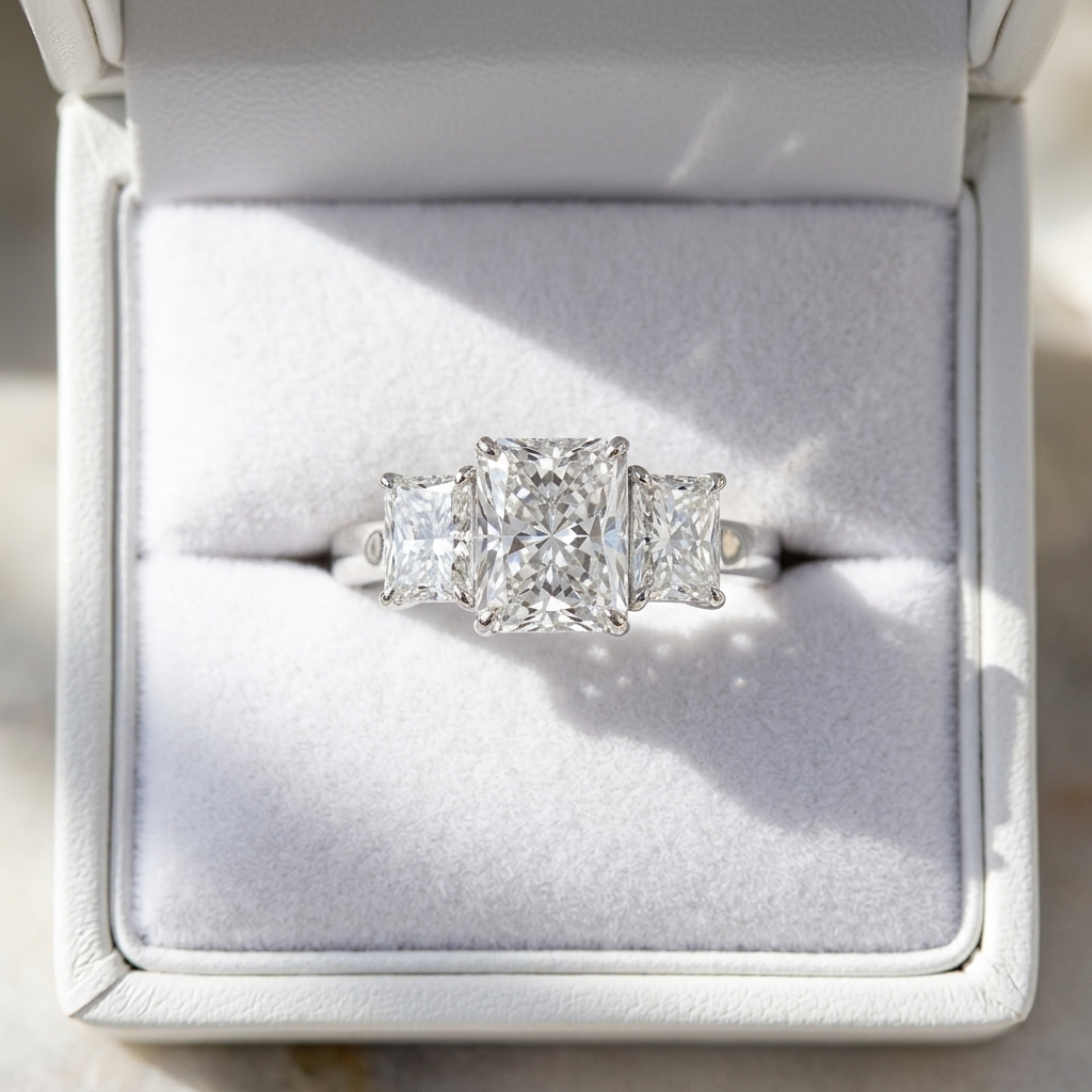 Colette radiant cut diamond three stone engagement ring, alternate view