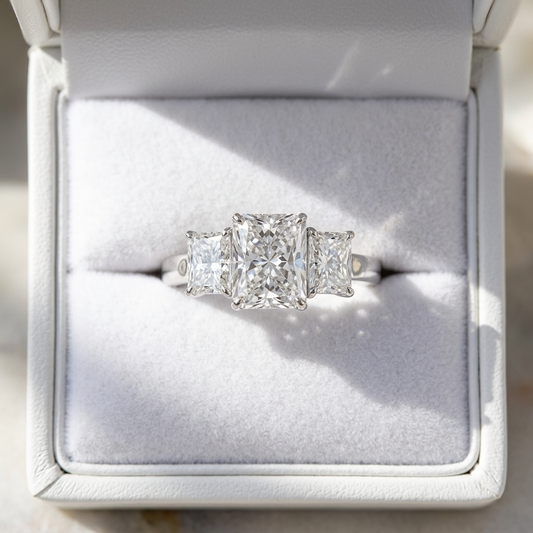 Colette radiant cut diamond three stone engagement ring, alternate view