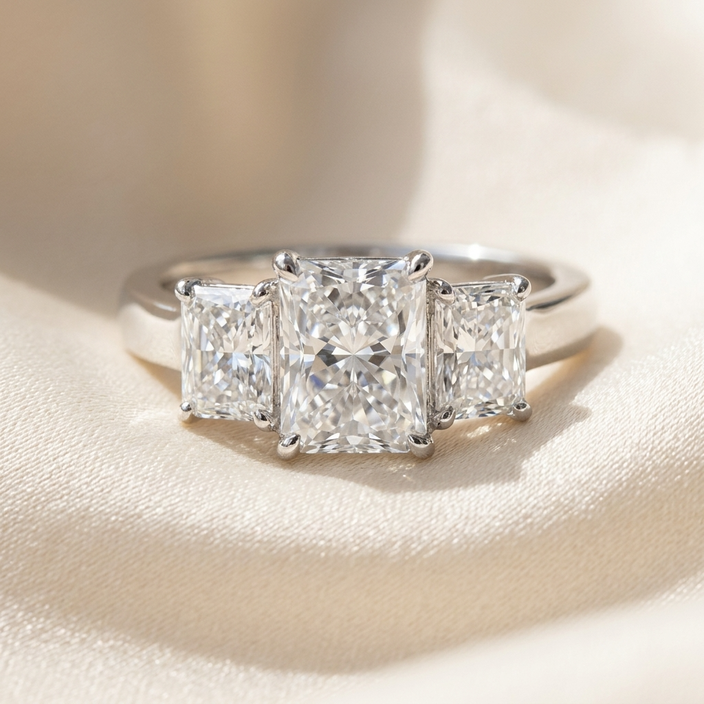 Colette radiant cut diamond three stone engagement ring, close-up