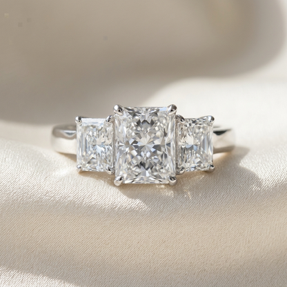Colette radiant cut diamond three stone engagement ring, further view