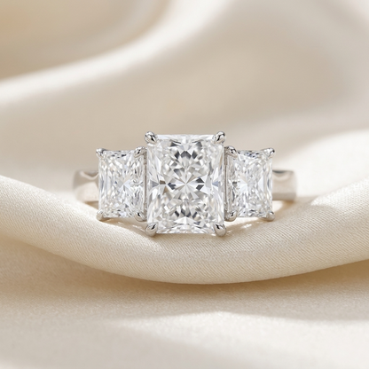 Colette radiant cut diamond three stone engagement ring in white gold
