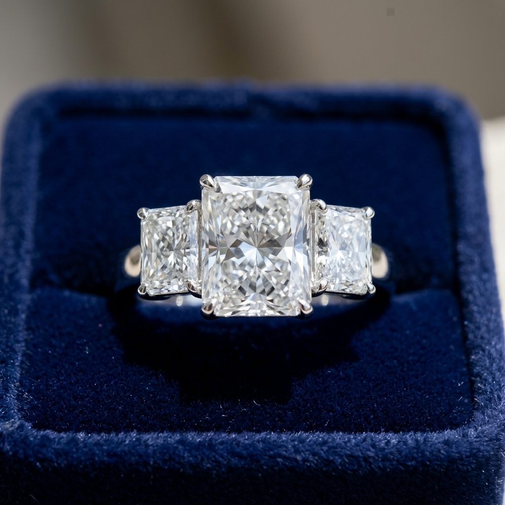Colette radiant cut diamond three stone engagement ring, side view