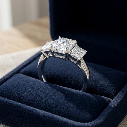 Colette radiant cut diamond three stone engagement ring detail