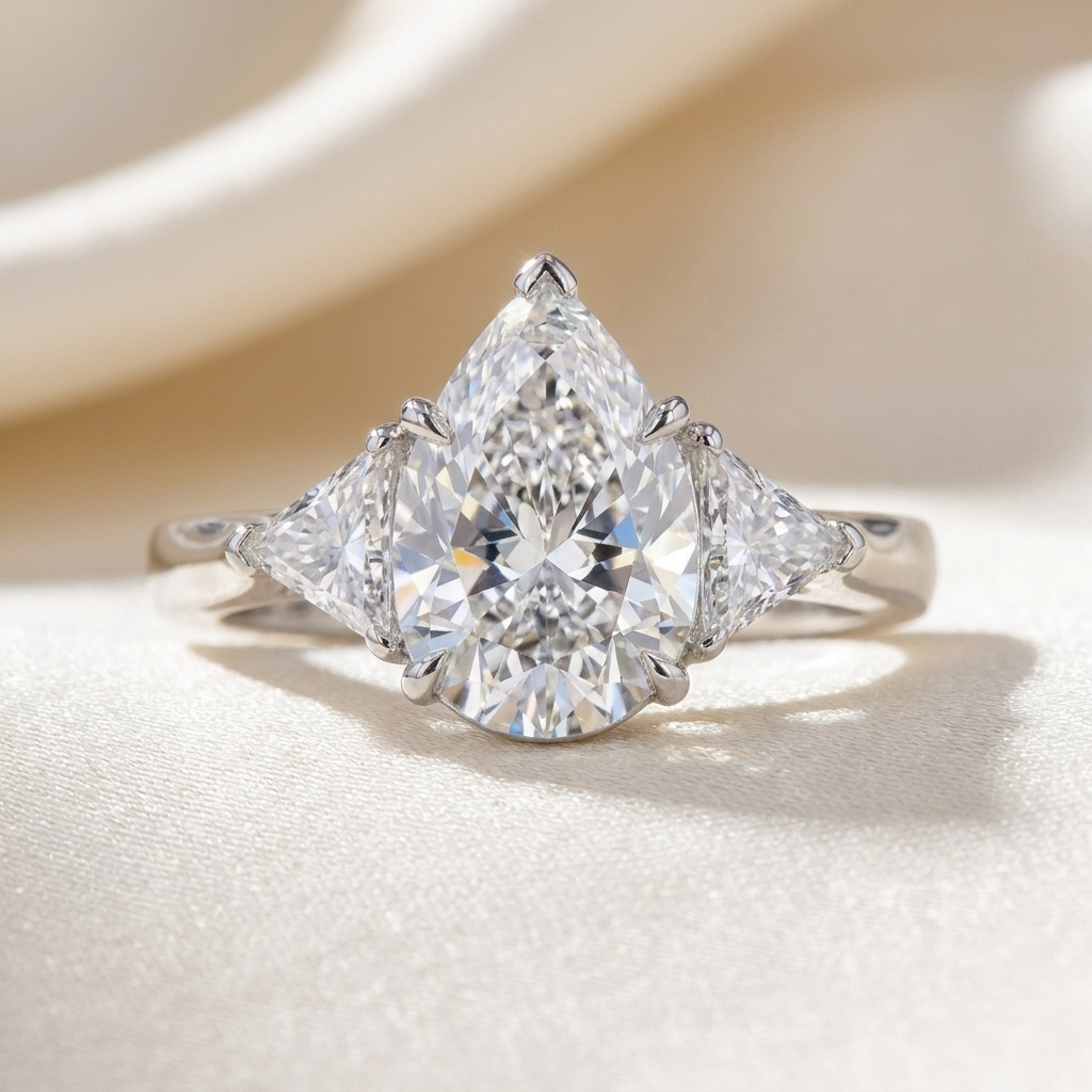 Genevieve pear shaped diamond three stone engagement ring, top view