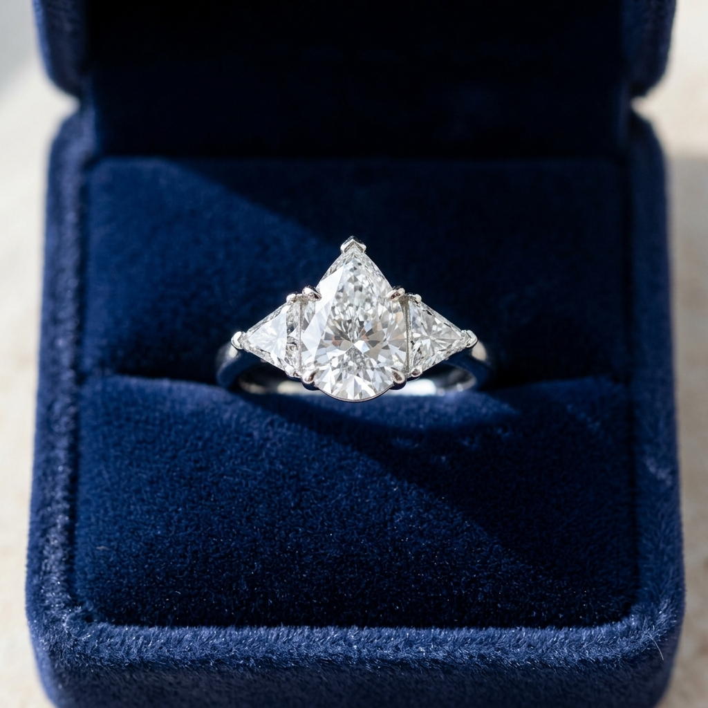 Genevieve pear shaped diamond three stone engagement ring on white gold band