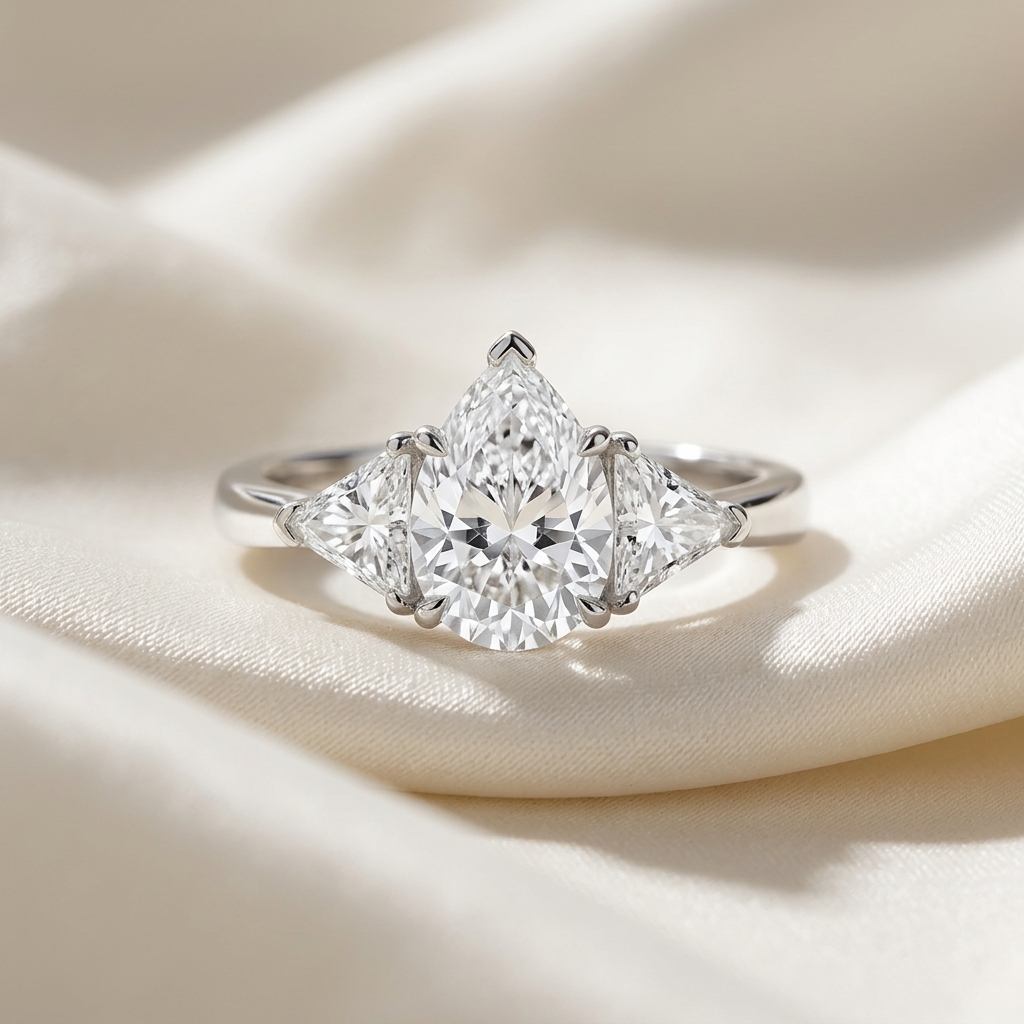 Genevieve pear shaped diamond three stone engagement ring, side view