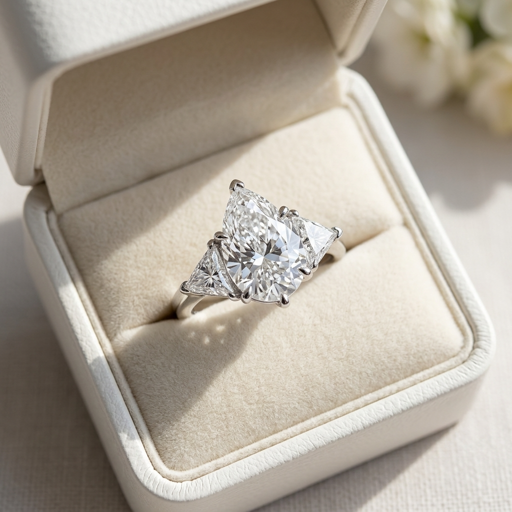 Genevieve pear shaped diamond three stone engagement ring detail