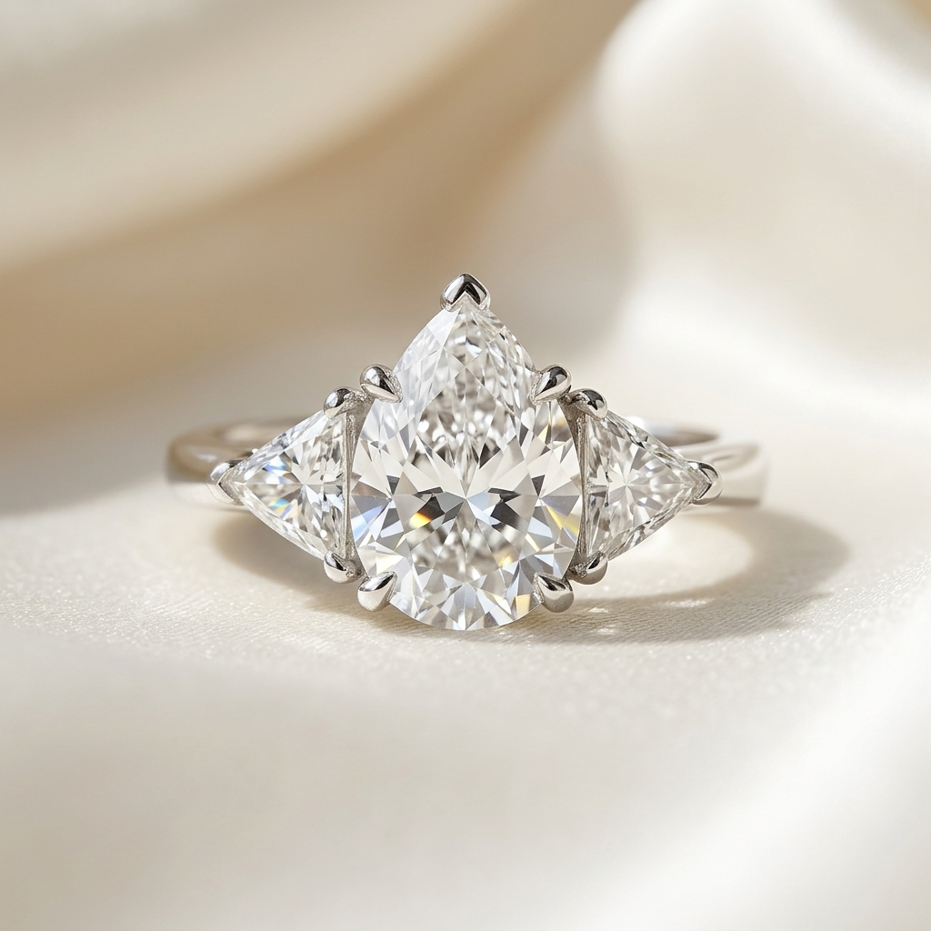 Genevieve pear shaped diamond three stone engagement ring in white gold