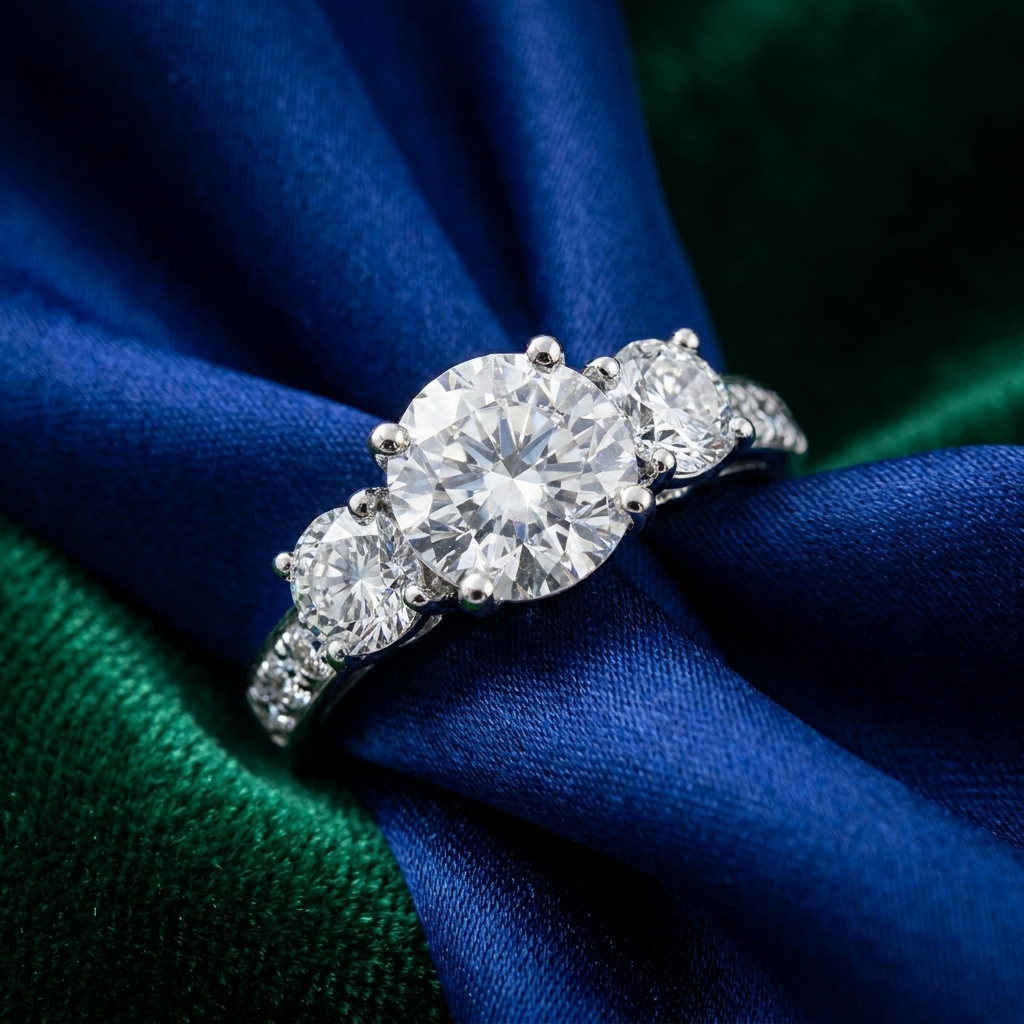 Clemence round brilliant diamond three stone engagement ring, additional angle