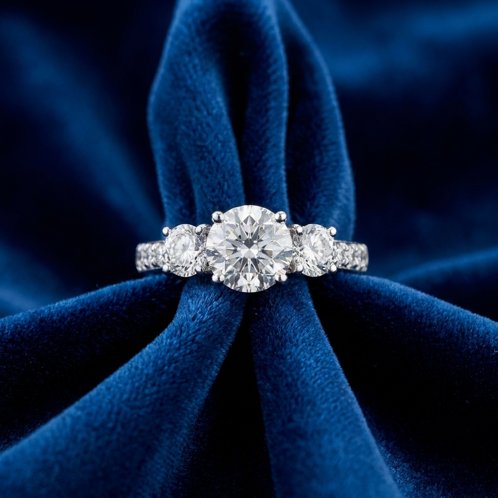 Clemence round brilliant diamond three stone engagement ring, further detail
