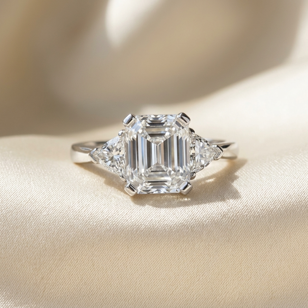 Estelle emerald cut diamond three stone ring with trilliant sides, angled view