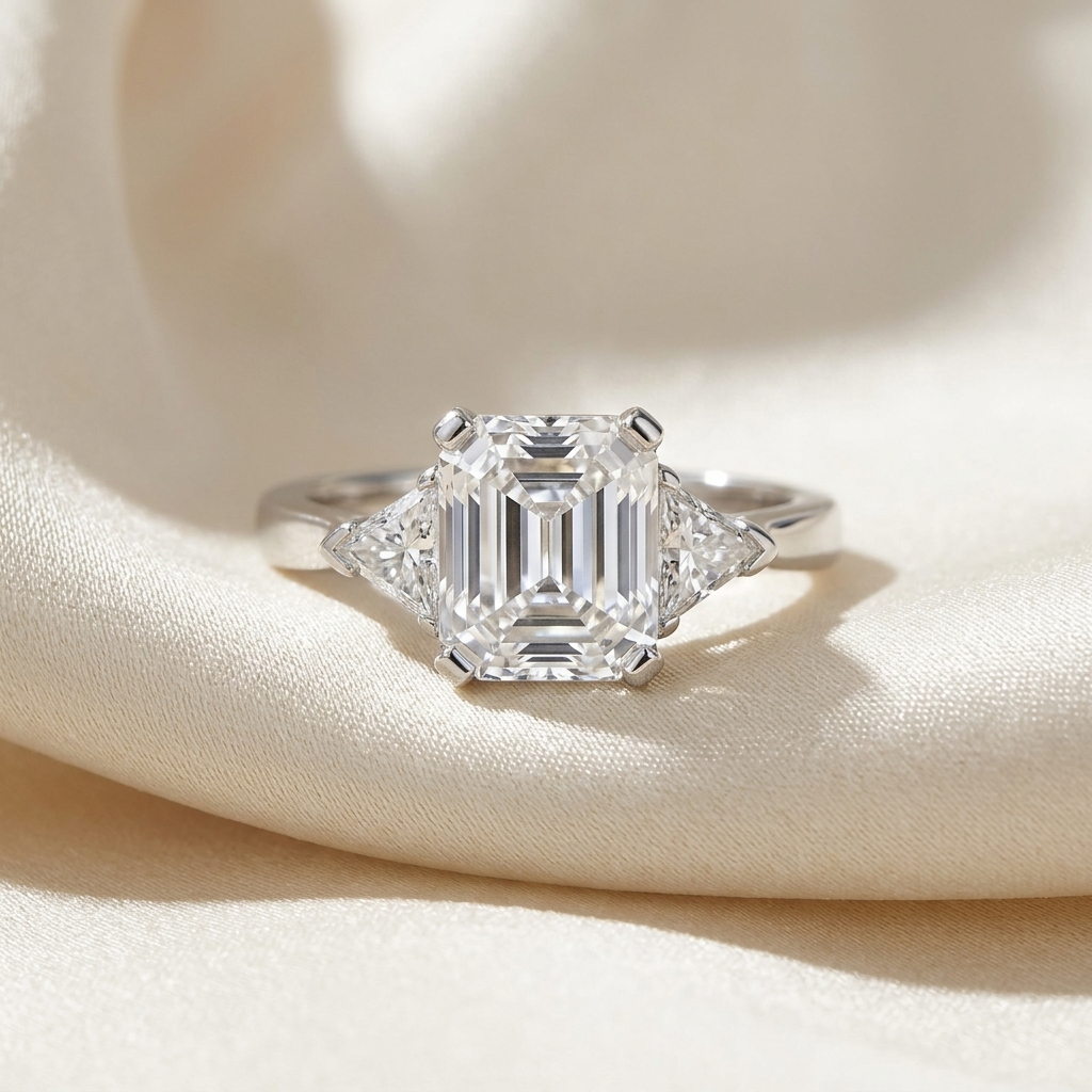 Estelle emerald cut diamond three stone ring with trilliant sides, side view