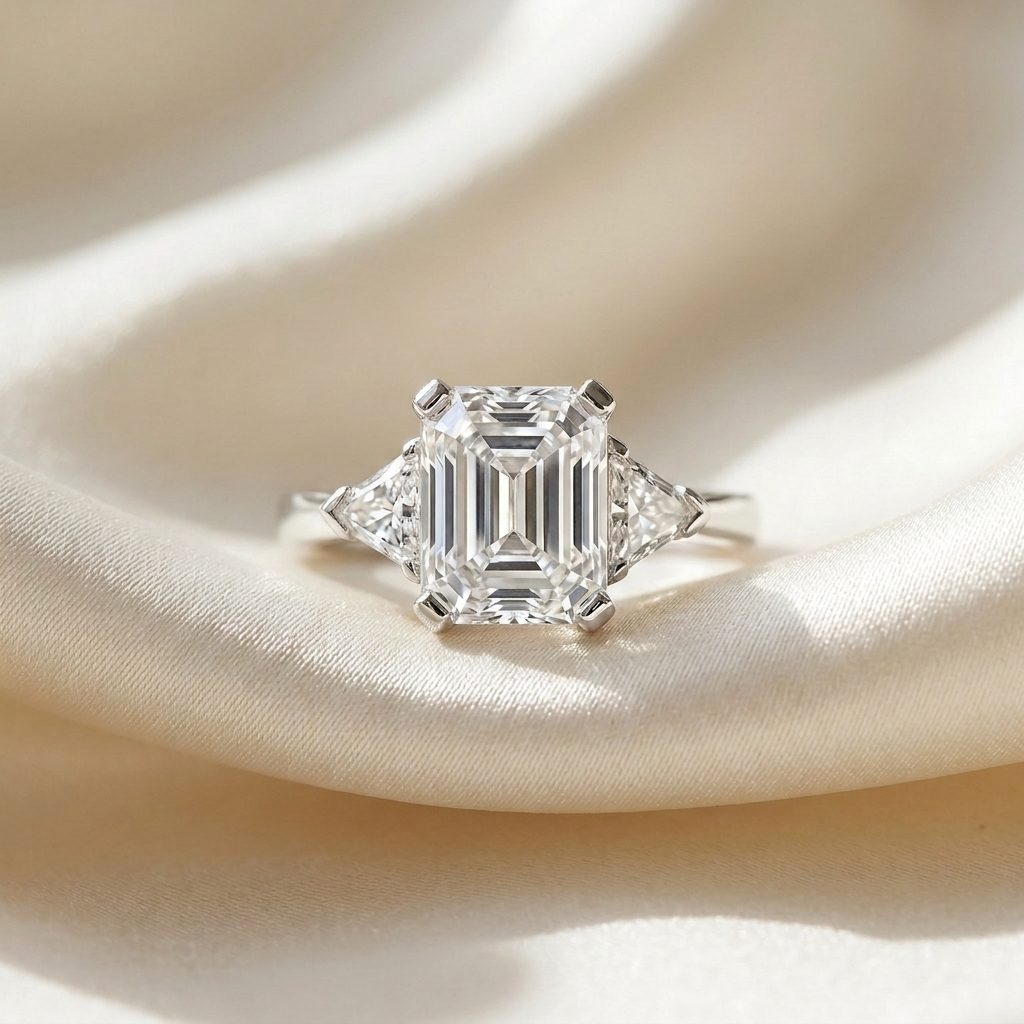 Estelle emerald cut diamond three stone ring with trilliant sides, detail