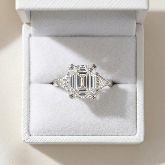 Estelle emerald cut diamond three stone ring with trilliant sides on white gold band