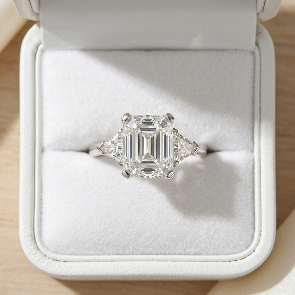 Estelle emerald cut diamond three stone ring with trilliant sides, alternate view