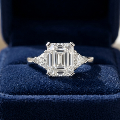 Estelle emerald cut diamond three stone ring with trilliant sides, front view