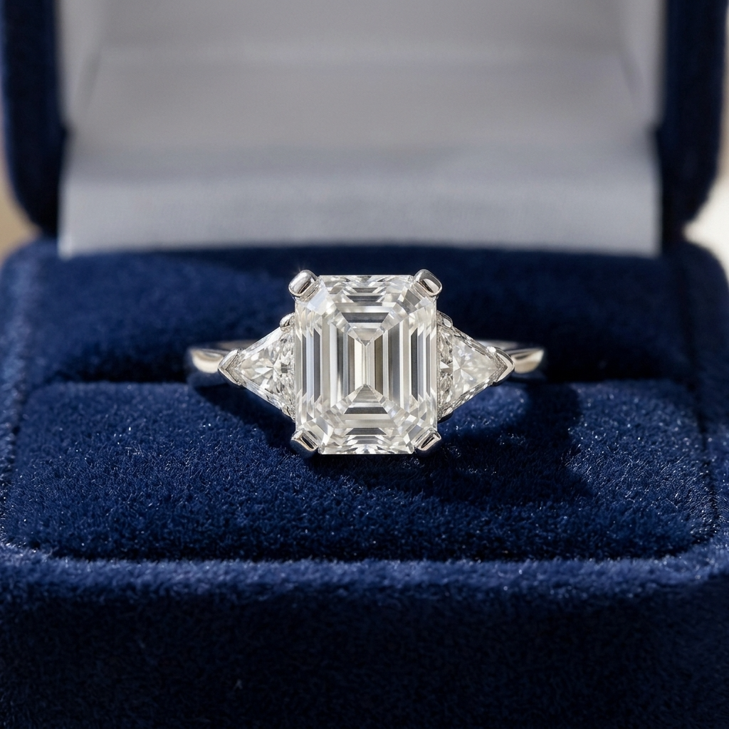 Estelle emerald cut diamond three stone ring with trilliant sides, three quarter view