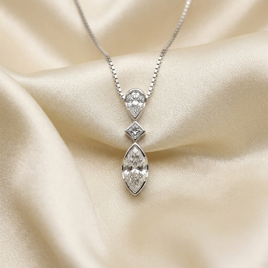 Three stone marquise diamond trilogy pendant — handcrafted in Sydney