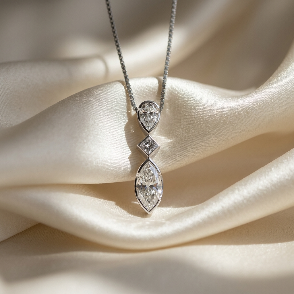 Three stone marquise diamond pendant - close up