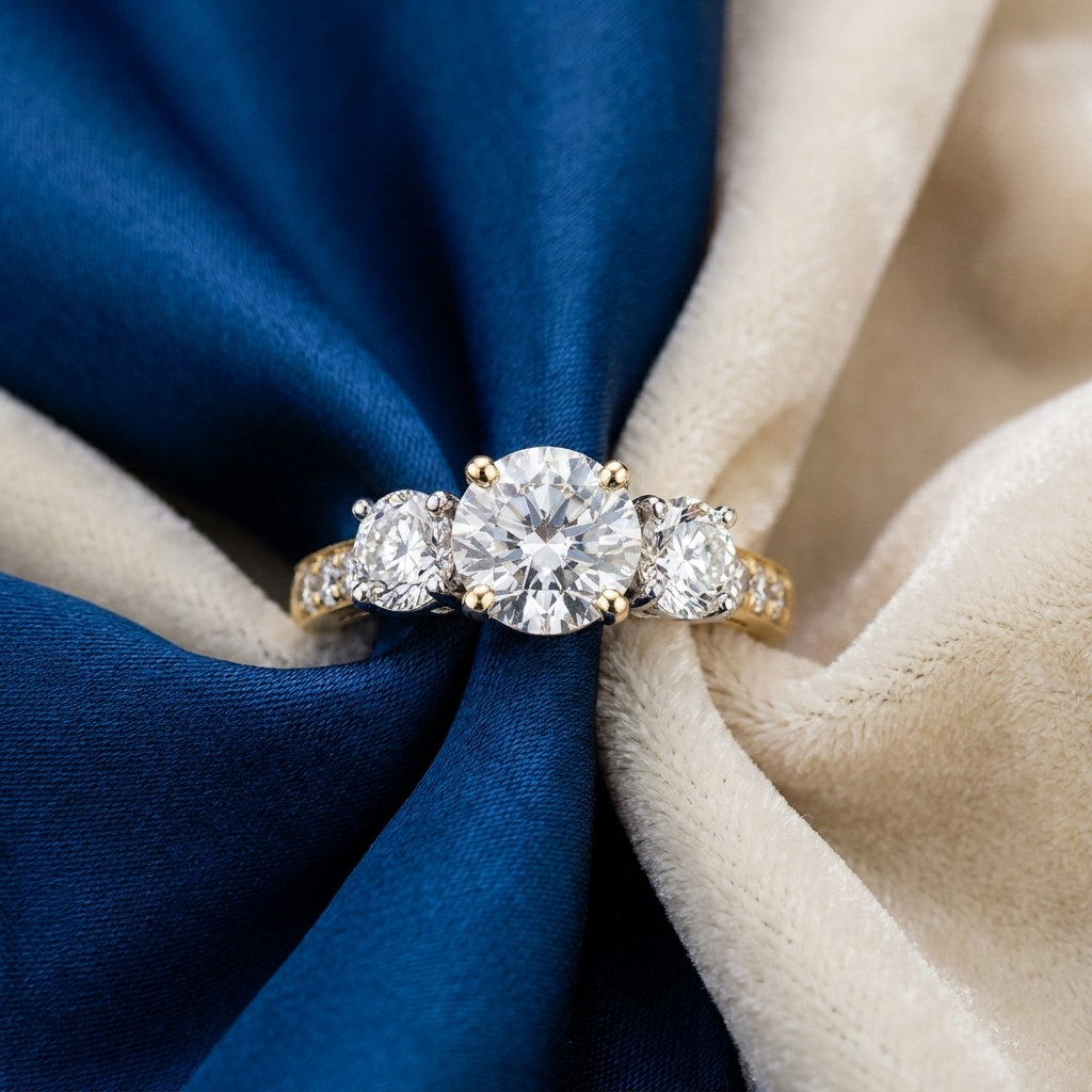 Diamond ring on a blue and beige fabric background