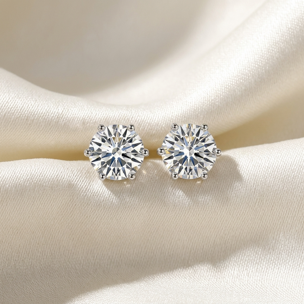 Six claw round diamond stud earrings - angled view