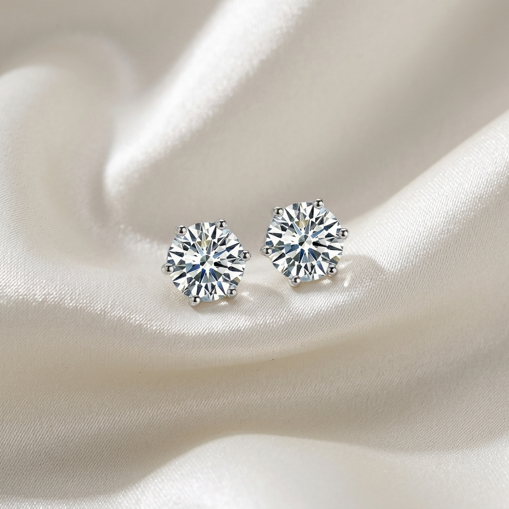 Six claw round diamond stud earrings - front view