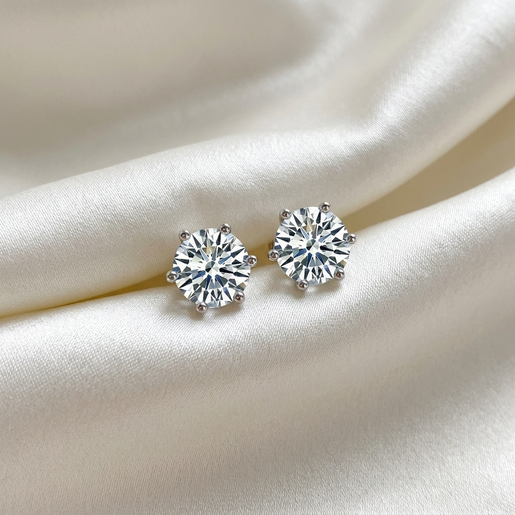 Six claw round diamond stud earrings in white gold
