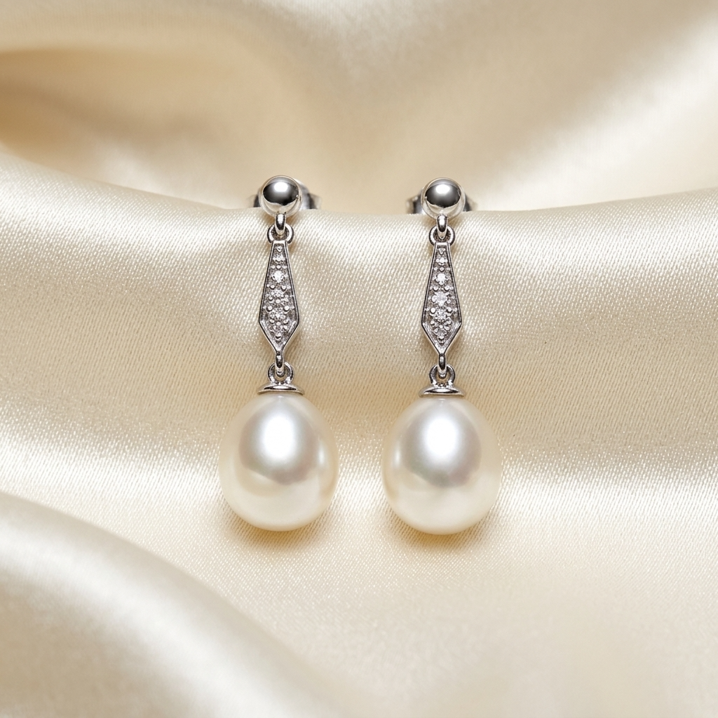Antique style pearl and diamond drop earrings