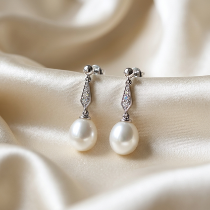 Antique style pearl and diamond drop earrings - side view