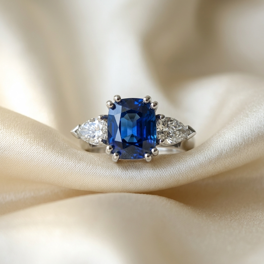 Cushion cut sapphire engagement ring with pear shaped diamonds — handcrafted in Sydney