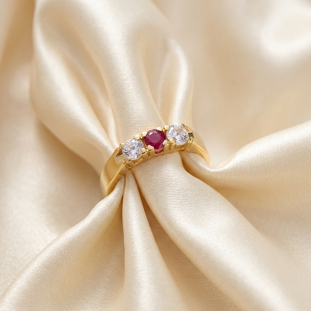 Antique style ruby and diamond three stone ring in 18ct yellow gold