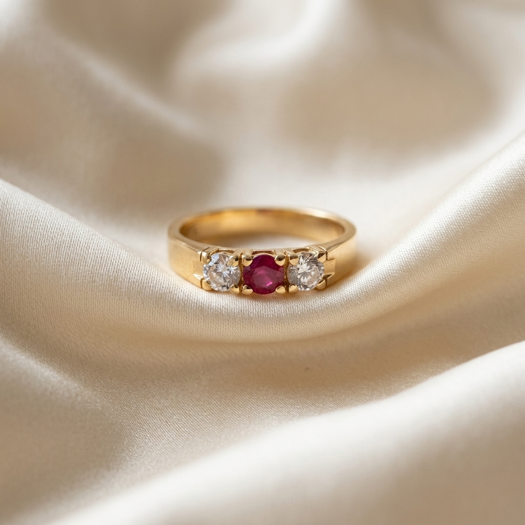 Antique style ruby and diamond three stone ring - side view