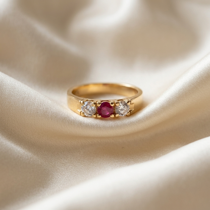 Antique style ruby and diamond three stone ring - side view