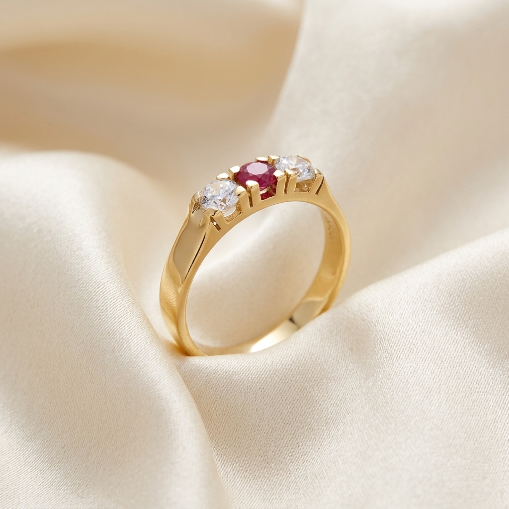 Antique style ruby and diamond three stone ring - detail view