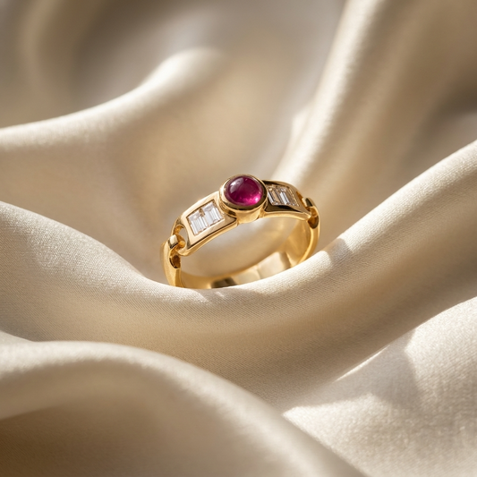 Cabochon ruby and baguette diamond buckle ring - side view