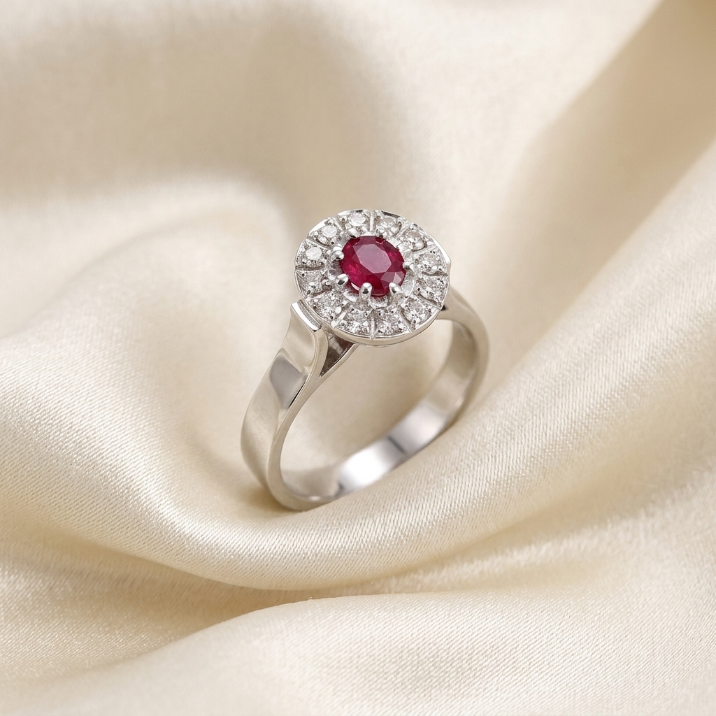 Oval ruby and diamond classic halo ring in 18ct white gold