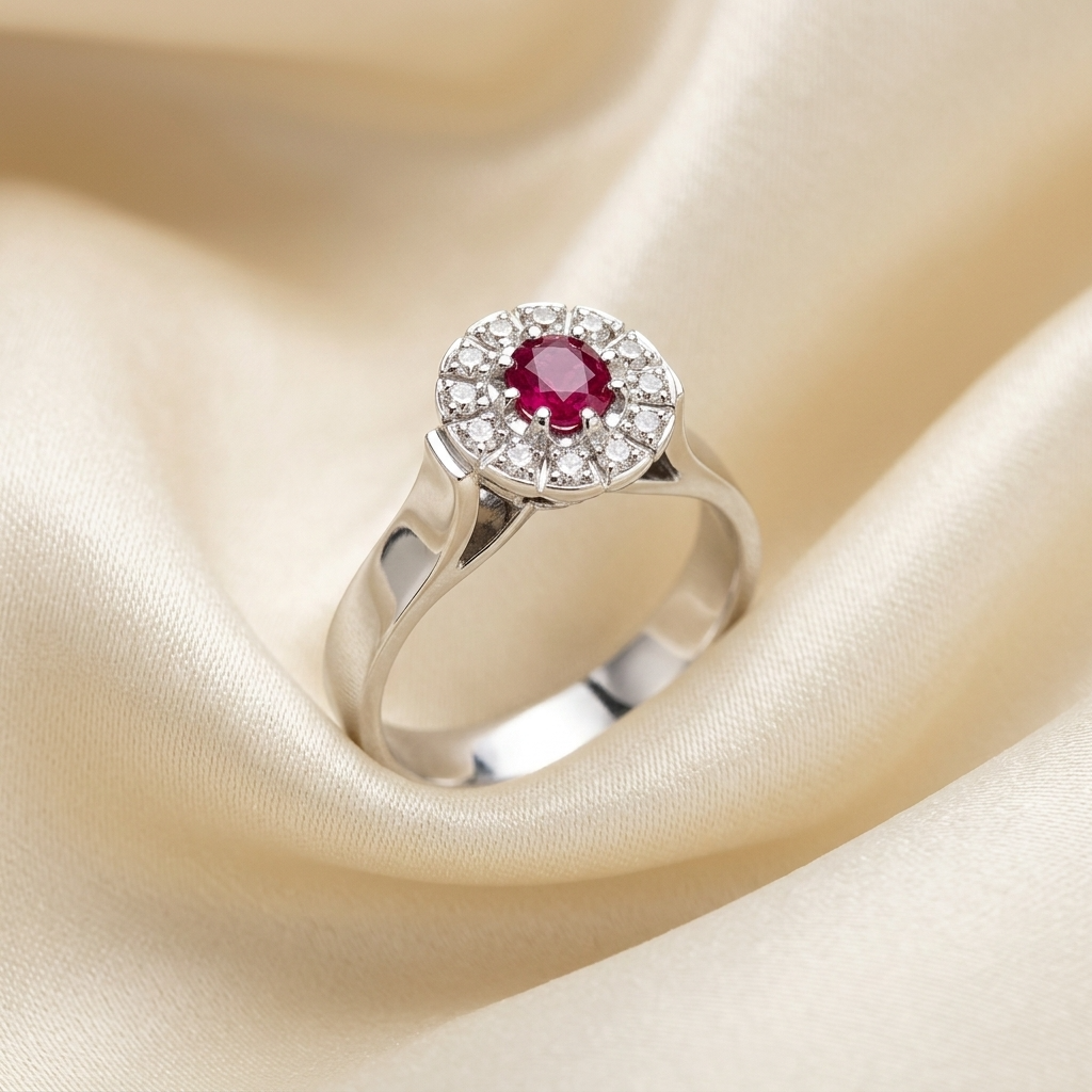 Oval ruby and diamond classic halo ring - side view