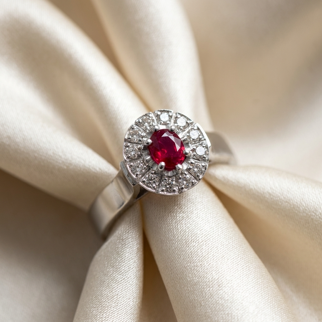 Oval ruby and diamond classic halo ring - detail view