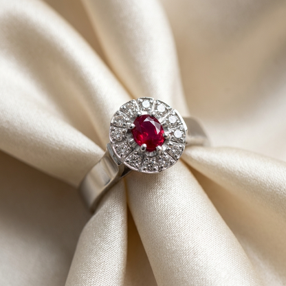 Oval ruby and diamond classic halo ring - detail view