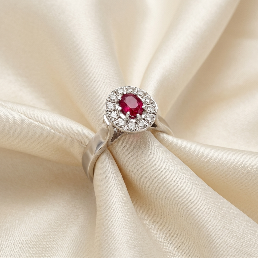 Oval ruby and diamond classic halo ring - angled view