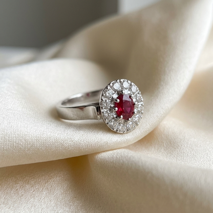 Oval ruby and diamond classic halo ring - top view