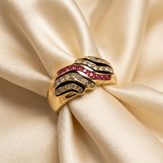 Ruby and diamond gold dome ring in 18ct yellow gold