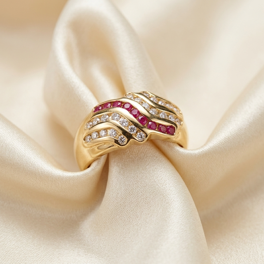 Ruby and diamond gold dome ring - side view