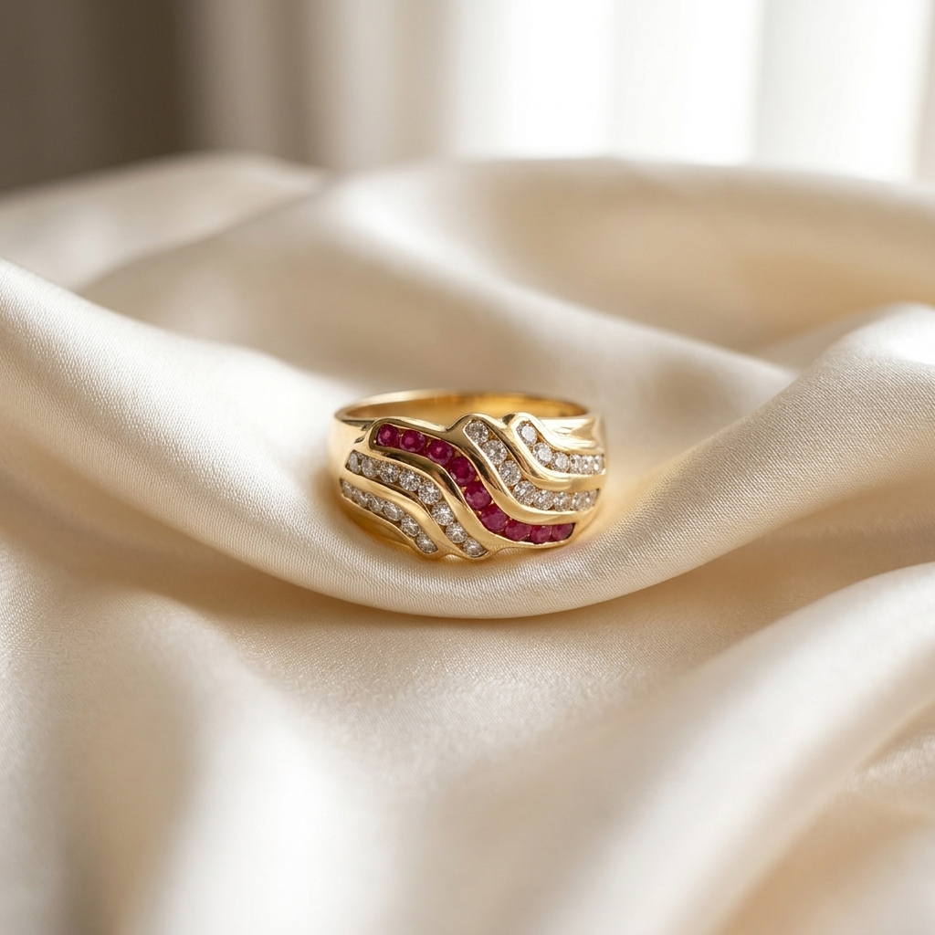 Ruby and diamond gold dome ring - detail view