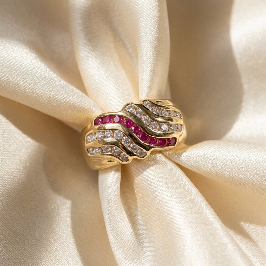 Ruby and diamond gold dome ring - angled view