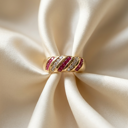 Ruby and diamond dome ring in 18ct yellow gold