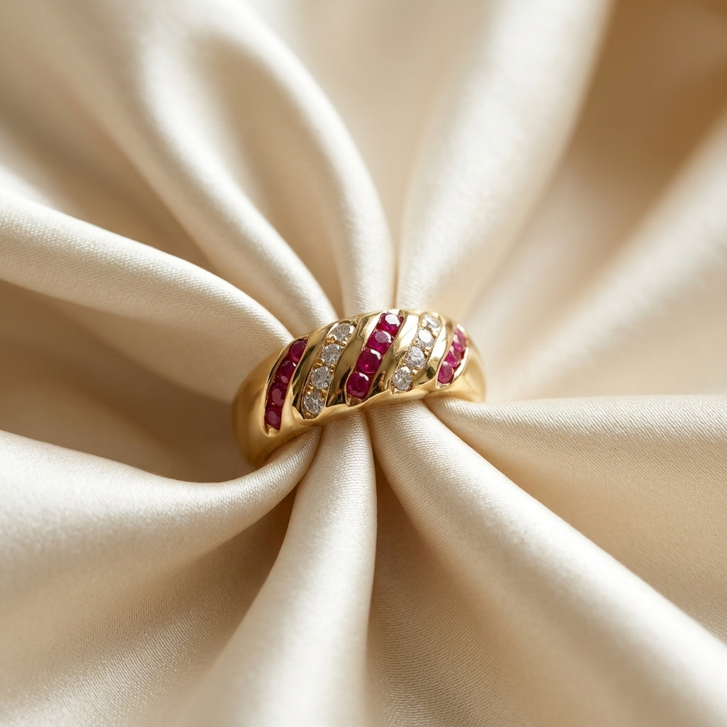 Ruby and diamond dome ring in 18ct yellow gold - side view