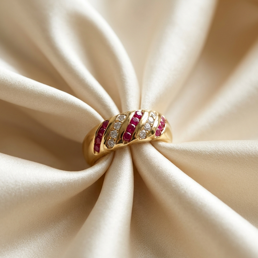 Ruby and diamond dome ring in 18ct yellow gold - side view